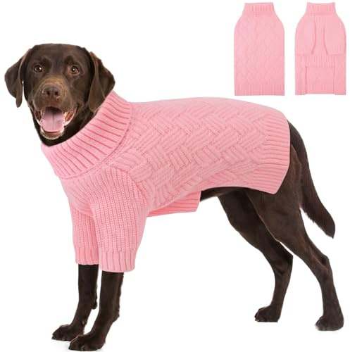 AOFITEE Hundepullover Große Hunde, Warm Strickpullover mit Geschirr öffnung | Winter Rollkragen Hunde Pullover Grosse mit Beinen, Weich Weihnachten Hundepulli Pullover für Norweger, Labrador, Rosa XL