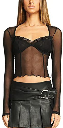 Fulidngzg Camiseta Rejilla Mujer:Body Transparente Transparentes,Camiseta Sexy Mujer Deporte Y2k Camisetas Transparentes Elegante Informal