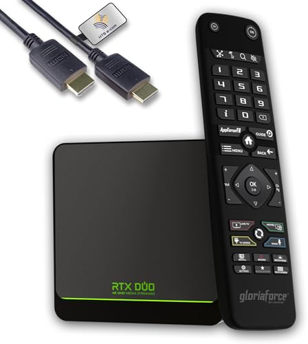 GloriaForce RTX UNO 4K Android 11 TV Box, 4GB RAM/64GB Flash, HTS eCom HDMI | UHD Android TV Box, App Force II, S905X4 QuadCore ARM Cortex A55, Mali G31 GPU, 5GHz WLAN, 1GBit LAN, Bluetooth Fernbedienung