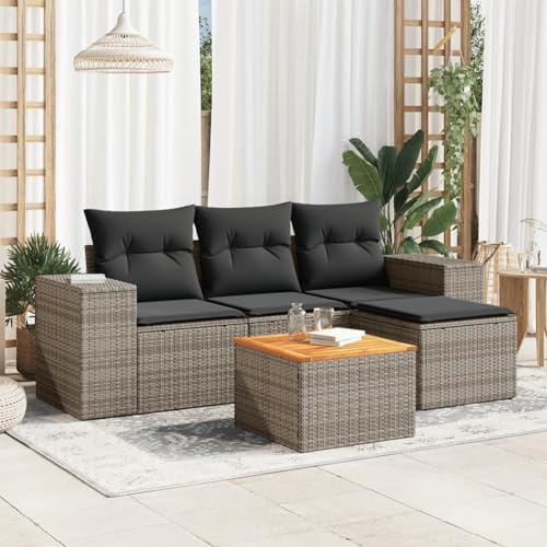 Xichuzi 5-TLG. Garten-Sofagarnitur mit Kissen Grau Poly Rattan, Lounge Gartenmöbel Set, Möbelsets, Balkon Möbel, Gartenlounge, Gartensofa - 3225416