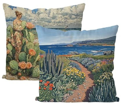 Exterieur Imperméable Housses de Coussin 70x70 Housse de Canapé Lac Coussin Exterieur Taie Oreiller Lin Carré Coussins Décoratifs pour Salon Patio Jardin Decoration Maison Lot de 2 (Cactus) B4-181