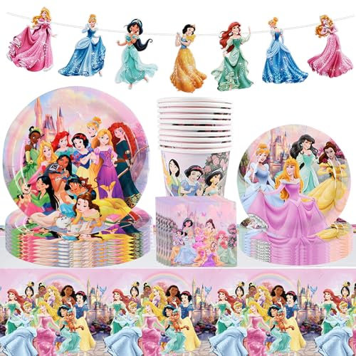 52 Pièces Vaisselle de Fête Princesse Enfant, Vaisselle Anniversaire Princesse, Ensemble de Vaisselle de Fête Serviettes de Table Nappe Bannière Décoration pour Enfants