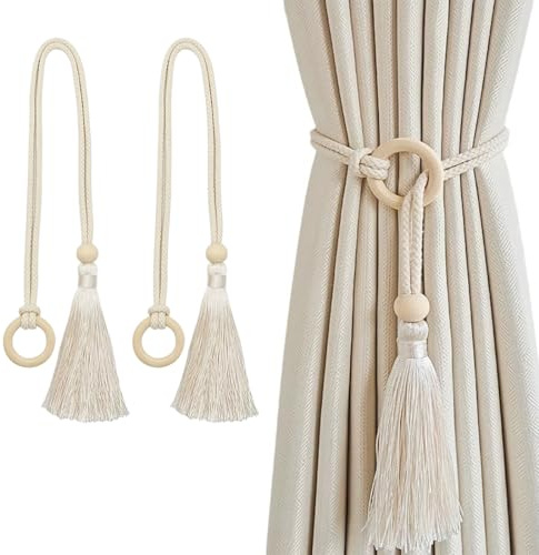 Paquete de 2 lazos para cortinas con borlas largas, hechos a mano, de cuerda trenzada de cáñamo de 61 cm, estilo europeo, para decoración del hogar y la oficina.