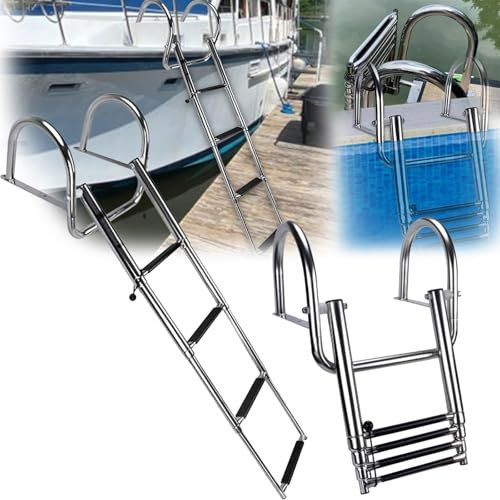 Échelle de bateau télescopique à 4 marches en acier inoxydable avec balustrade à pédale, marche d'embarquement robuste pour yacht, ponton, piscine