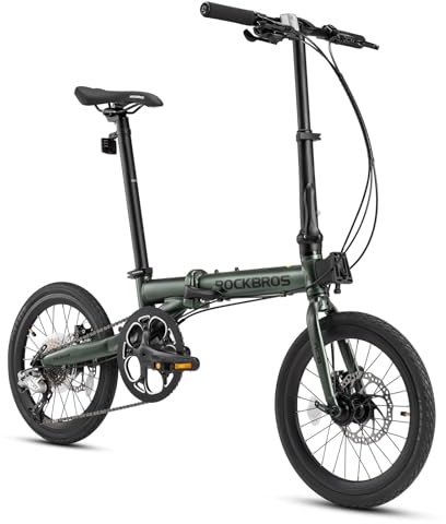 ROCKBROS Hopfällbar cykel 16 tum aluminium, 9 växlar krets, skivbroms, unisex män kvinnor, grön