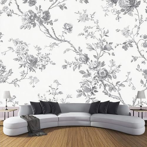 MIATCENRT 3D Papier Peint Textile Art, Vintage Fleurs Oiseaux Noir Blanc Papier Peint Panoramique Pour Salon Restaurant Chambre Chambre D'Enfant Décoration Murale, 450x315cm (L×H), Sur Mesure Taille