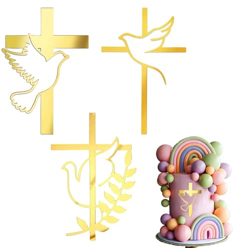 3 Pièces Décorations de Gâteau en Forme de Croix, Deco Communion Baptême pour Première Communion, Acrylique Décorations de Gâteaux Dorée avec Colombe et Feuilles pour Baptême Mariage (3 styles)