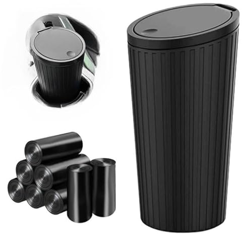 YAMAIDUO Pattumiera per Auto con Coperchio, Mini Cestino Auto con 8 Rotoli Sacchetti, Impermeabile Antiodore Leakproof Portatile, Accessori Auto per Casa, Ufficio, Nero