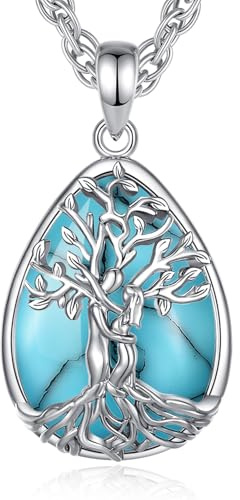 INFUSEU Collier Arbre De Vie Arbre Généalogique Cristal Turquoise Pendentif Guérison Protection Puissante Medaillon Bijoux Cadeau Pour Femme