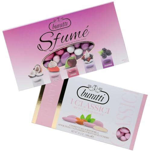 Set Buratti Confetti con Mandorle Tostate rosa Ricoperte di Cioccolato, Bianco ai Molteplici Gusti, Tenerezze Sfumè Rosa 1000 g + Buratti Confetti alla Mandorla intera rosa 1 kg