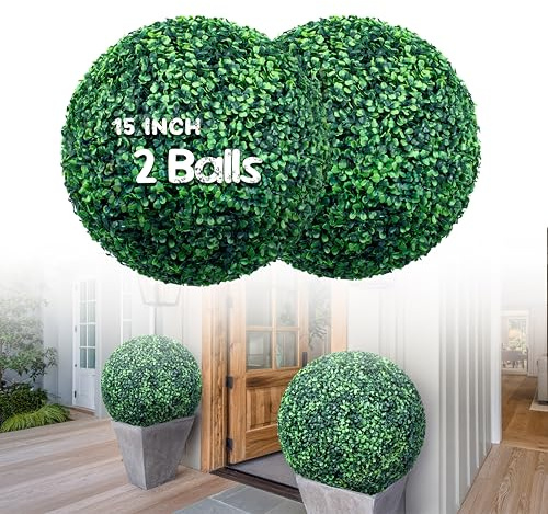 HEDGE MAZE 15 Inch 2 Pack Artificial Boxwood Topiary Balls Faux Greenery Plant Balls for Outdoor Indoor Home Garden Patio Wedding Decor, UV Resistan (2 Packs, 15 Inch)