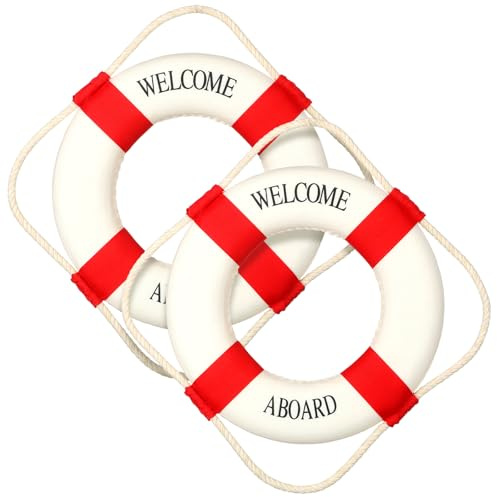 Vercraft 2 Pcs 14 Lifebuoy Wall Hanging Decor Large Life Preserver Ring Decorative Welcome Aboard Mediterranean Style Decoration Nautical Pool Safety Ring for Swim Tube Home Wall Window, Red
