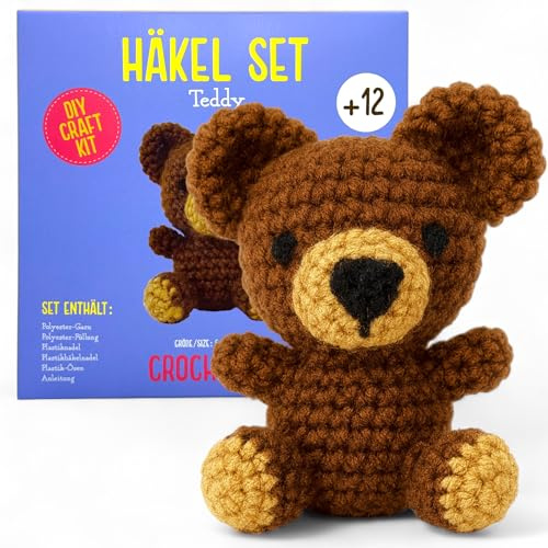 MIJOMA Häkelset Tiere für Anfänger & Fortgeschrittene – DIY Amigurumi Häkel Kit mit Anleitung, Wolle, Nadeln & Zubehör – Häkelpaket Kinder & Erwachsene (Bär (5,5x8,5x6,5cm))