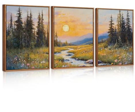 Celestdeco Berglandschaft Sonnenuntergang Wald Bach Wandbild 30x40cmx3