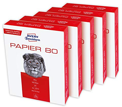 AVERY Zweckform 2575 Drucker-/Kopierpapier (2.500 Blatt, 80 g/m², DIN A4 Papier, für alle Drucker) 1 Box mit 5 Pack, weiß