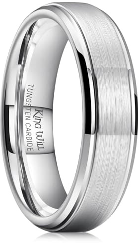 King Will Classic Tungsten Wedding Band for Men, Polished Finish Step Edge Matte Rings Comfort Fit,Silver,6mm,S 1/2(9.5)