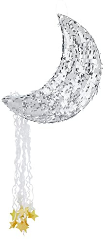 Juvale Pull String Moon Pinata for Twinkle Twinkle Little Star Birthday, Baby Shower Party Decorations (Silver Foil, 17x11x3 in) - Moon Pull String Pinata