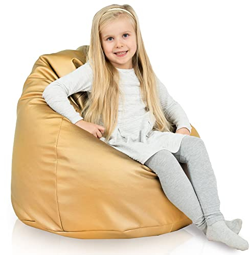 Italpouf Kindersitzsack, Sitzsack Größe L, Sitzkissen, Indoor, Kunstleder, Sitzsack Sessel für Kinder, EPS Perlen Füllung, Kindersessel, Zertifiziert, Gold