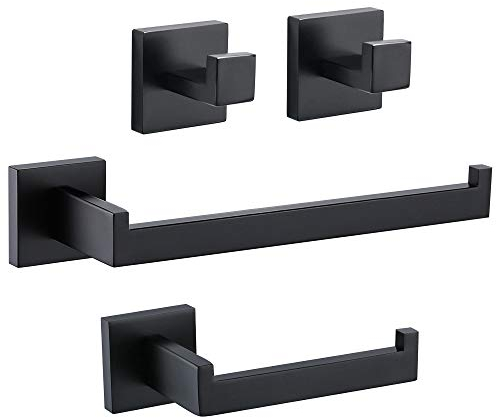 TURS 4 Piezas de Baño Hardware Set de Acero Inoxidable Soporte de Papel Higiénico Toalla Barra/Soporte Robe Gancho Montaje en Pared, Negro Mate, Q7X4-BK