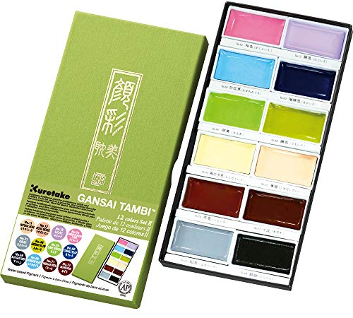 Kuretake GANSAI TAMBI Aquarellfarben für Künstler und Handwerker, AP-zertifiziert, für Erwachsene, hergestellt in Japan, MC20/12V/NW, 12 Stück