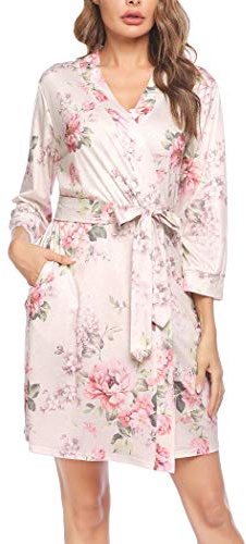 UNibelle Damen Morgenmantel Kurz Saunamantel Dünn 3/4 Ärmel Bademantel Kimono Robe Negligee mit Bindengürtel Sommer Rosen L