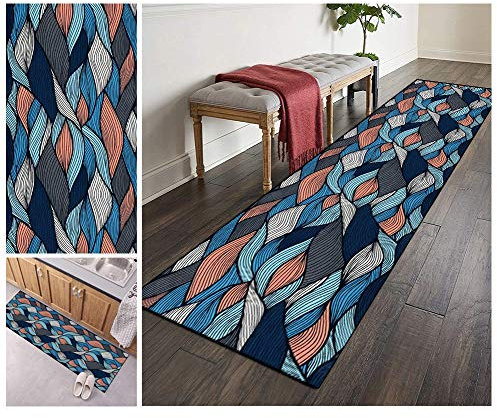 ZVEZVI Teppich Läufer Flur Küche rutschfest Waschbar Blau Modern 50×90cm Kücheläufer Teppichläufer Geometrische Muster Polyester Meterware Anpassbar (Size : 50×90cm)