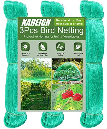 KAHEIGN 3Pcs Bird Netting, 4m x 10m Anti Bird Protection Net Garden Plant Mesh for Vineyard Vegetables Flowers Plants Fencing (Green)