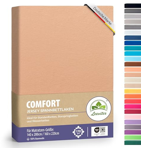 leevitex® Premium Spannbettlaken 140x200-160x220 cm - 40 cm Steg - auch für Boxspringbett & Wasserbett | 100% Mako-Jersey-Baumwolle | ÖKO-TEX | 170g/m² | Leinen/Apricot