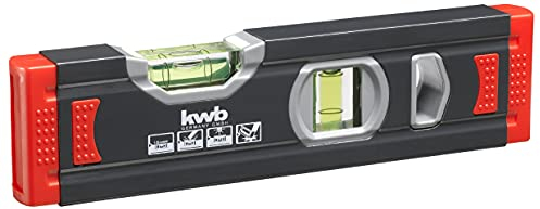 kwb 1 mm Mini Aluminium-Wasserwaage 20 cm - Präzise geschliffen, gesicherte Libelle - Stoßschutz aus Gummi - Schwarz/Rot