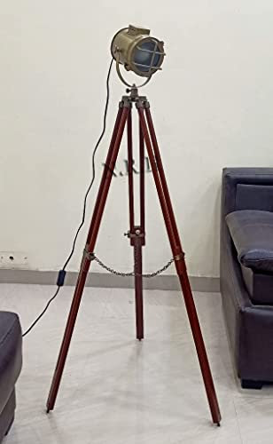 Lampadaire trépied industriel réglable en hauteur pour décoration rustique, spot rétro en bois
