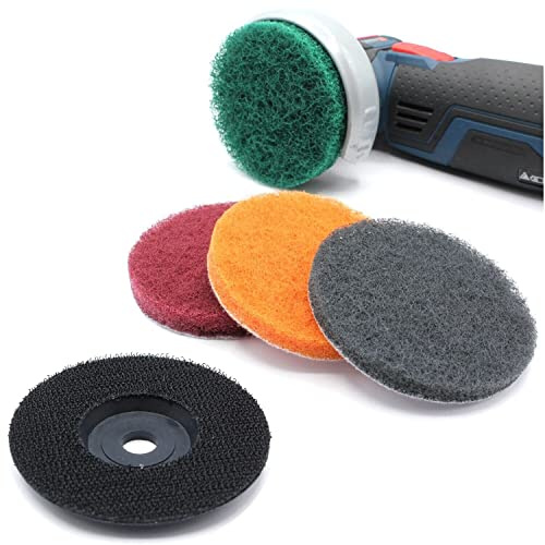 Lot de 4 disques de nettoyage + 1 plateau de ponçage non tissé abrasif 76 x 10 mm Non tissé de nettoyage pour plaque en métal 76 mm Meuleuse d'angle sans fil (grain 240, 320, 600, 1500 + assiettes)