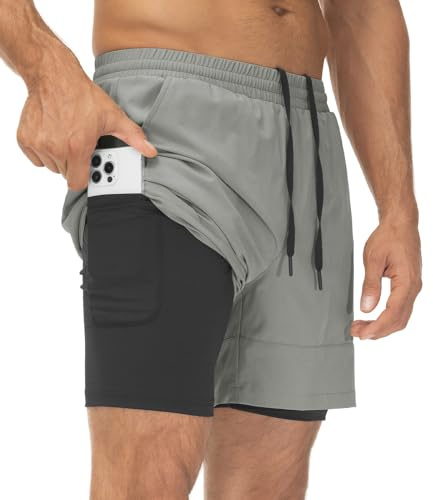 YSENTO Herren 2 in 1 Sports Shorts Kurze Sporthose Laufhose Schnelltrocknend Trainingsshorts Badeshorts Boardshorts(Hellgrau,XXL)