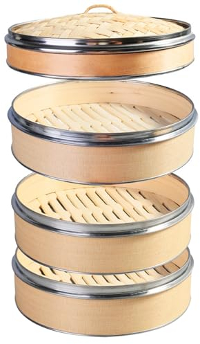 AIZYR Grande Vapeur De Boulettes Panier À Vapeur en Bambou avec Couvercle,Panier À 3 Niveaux Pot À Vapeur Outils De Cuisine pour Cuisiner des Collations,24CM
