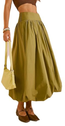 NUFIWI Women Y2k Bubble Maxi Skirt Low Elastic Waist A Line Long Skirt Summer Casual Ruffle Pleated Midi Dress, A Green Maxi, M