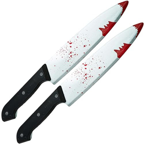 2 Cuchillos de Halloween de Juguete - Cuchillo de Plástico para Disfraz, Cuchillo Falso con Sangre de Broma, Accesorios para Disfraces de Fiestas y Obras de Teatro - 30 cm de Largo, 2 Uds