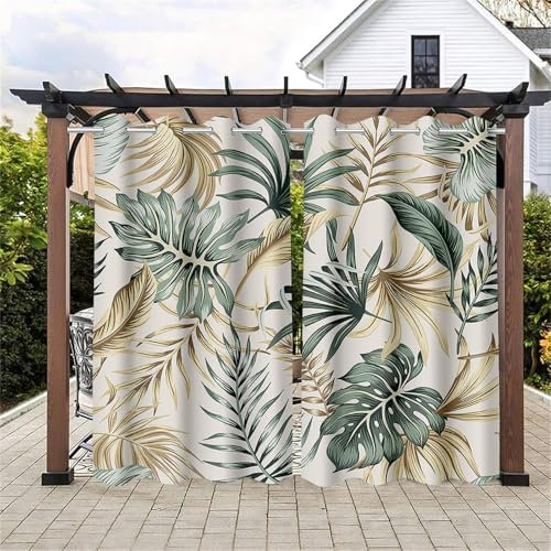 Hiseng wasserdichte Vorhänge Outdoor, 3D Monstera Blätter Muster Outdoorvorhänge Wetterfest 2 Stück Verdunkelungsvorhang Blickdicht Sichtschutz Sonnenschutz Vorhang (137x203cm,Tropisch Pflanze)