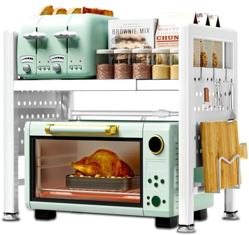 BBLTIFF Mikrowellen Regal, 2-Stufig Erweiterbares Mikrowellenregal 40-65cm, Microwave Shelf, Küchenregal Stehend, Regal Küche mit 6 Haken, Ablage für Schneidebrett, Gebrauchsanweisung (Weiß)