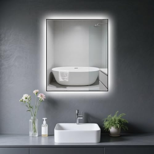 LaapDak LED Badspiegel mit Beleuchtung 60x70cm,Wandspiegel für Badezimmer,IP54 Wassergeschützt,Kaltweiß 6500K,Rechteckig,Energiesparlichtspiegel