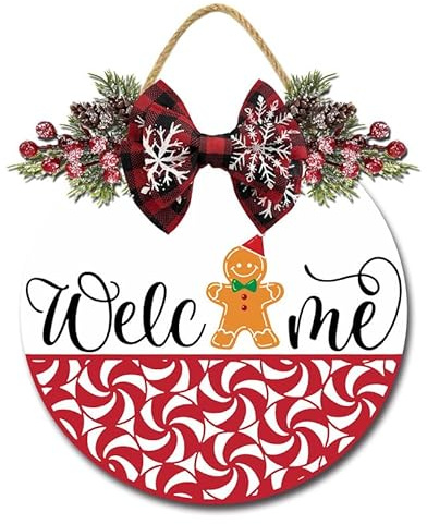 Geroclonup Couronne de Noël pour porte d'entrée - 30 cm - En bois - Motif bonhomme en pain d'épices - Panneau de bienvenue - Couronne en bois pour décoration murale d'intérieur