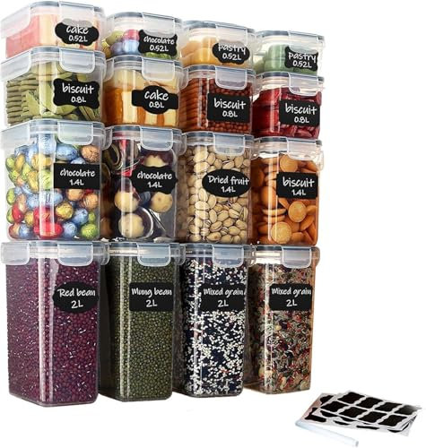 Greenfields Set of 16 Airtight Food Storage Containers & Kitchen Storage Containers - BPA-Free Plastic Containers for Flour, Sugar and Baking Supplies, with 20 Labels