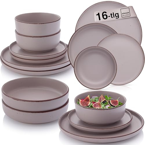 SÄNGER Bombay Basalt | Geschirrset 16 teilig, Steingut Geschirr 4 Personen, 4x Speiseteller 4x Dessertteller 4x Schalen 4x Pastateller, Teller Set modern | VALUE COLLECTION