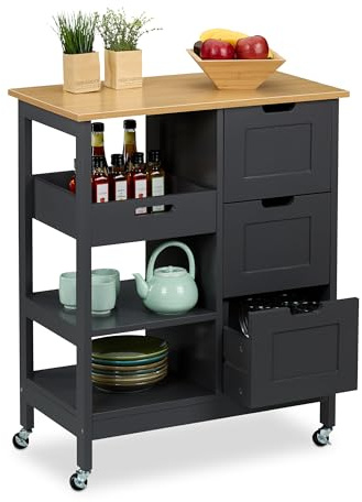 Relaxdays Küchenwagen, Arbeitsplatte, 3 Schubladen, 3 Fächer, HBT: 85x68,5x38,5 cm, Kücheninsel auf Rollen, grau/Natur | HBT: 85x68,5x38,5 cm, Kücheninsel auf Rollen