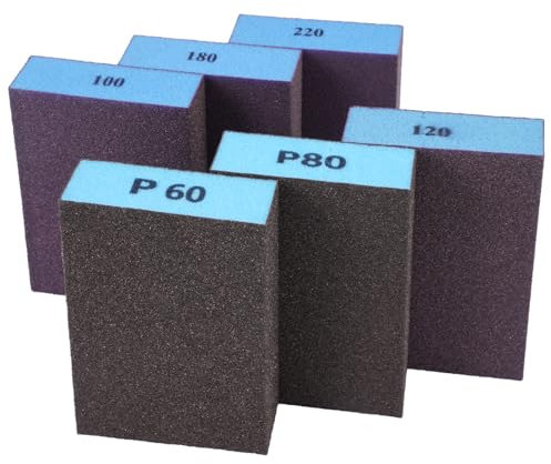 6 Pezzi Spugna Abrasiva, Grane 60/80/100/120/180/220 Diverse Spugnette Abrasive per Legno Lavabile e Riutilizzabile, Spugne Abrasive, Blocchi Abrasivi, per Lucidare Legno, Metallo, Parete, Lucidatura