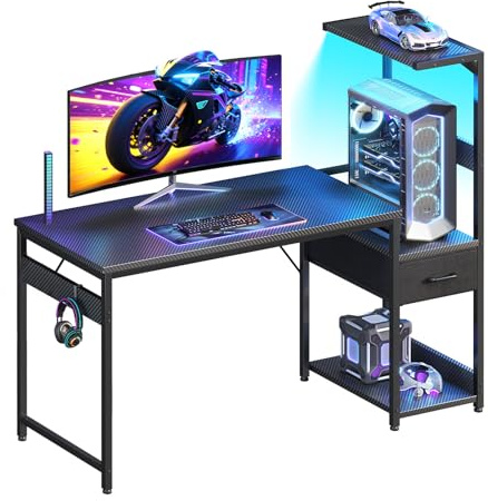 Casaottima 48 Inch Gaming Desk with Storage & LED Lights, Reversible Computer Desk with Display Shelves & Fabric Drawer, Modern Gamer Desk Table with Side Headphone Hook, Carbon Fiber Black