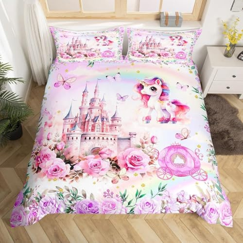 RZPFQB Einhorn-Schloss Kinder Bettwäsche 135x200 Bettwäsche Set für Teens Jungen Mädchen Kinderbettwäsche Träumendes Märchen Schloss Bettbezug Set Frühlingsrosen Microfaser Bettwäscheset