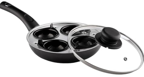 COOKCLASSIC Non-Stick Egg Poacher Pan, 4 Cup Egg Poacher, 20 cm Frying pan, Tray, 4 Cups with Glass Lid, UK MADE, Dishwasher Safe, Suitable for All Hobs except Induction