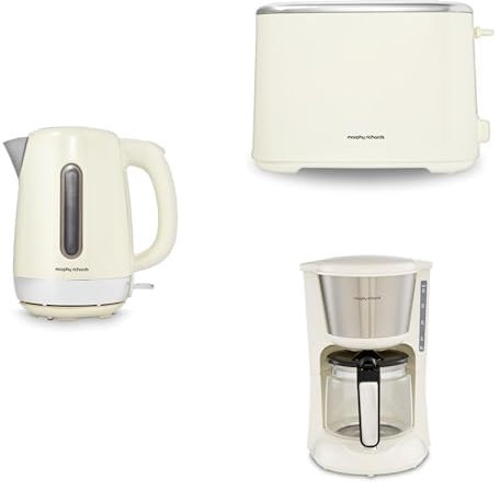 Morphy Richards Equip Bundle, Kettle, Toaster and Filtered Coffee Machine, 1.7L Fast Boil Jug Kettle, 2 Slice Variable Browning Toaster, Perfect Pour Filter Coffee Maker, Cream 102784 |220032|162504