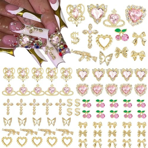 Tastetreasure Kit glamour de 80 bijoux pour nail art, charms en alliage doré et diamants roses pour les ongles, designs uniques : couronnes, cœurs, croix, cerises, papillons