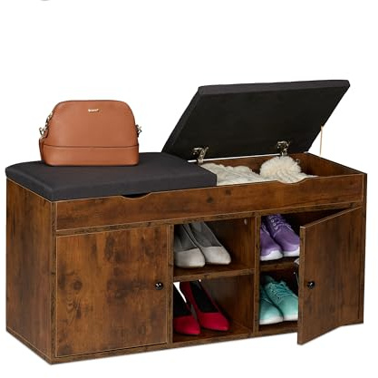 Relaxdays Panca Porta Scarpe da Ingresso, Scarpiera con Seduta Imbottita, Portascarpe, HLP: 49,5x100x34 cm, Marrone Nero