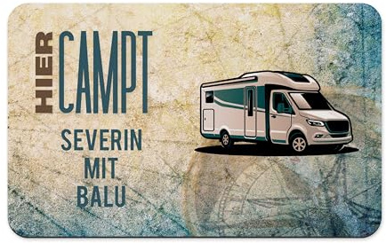 Camping Tischset personalisiert mit Wunschtext – Wohnmobil oder Wohnwagen Motiv – rutschfest, waschbar, 390 x 260 mm – Geschenkidee für Camper